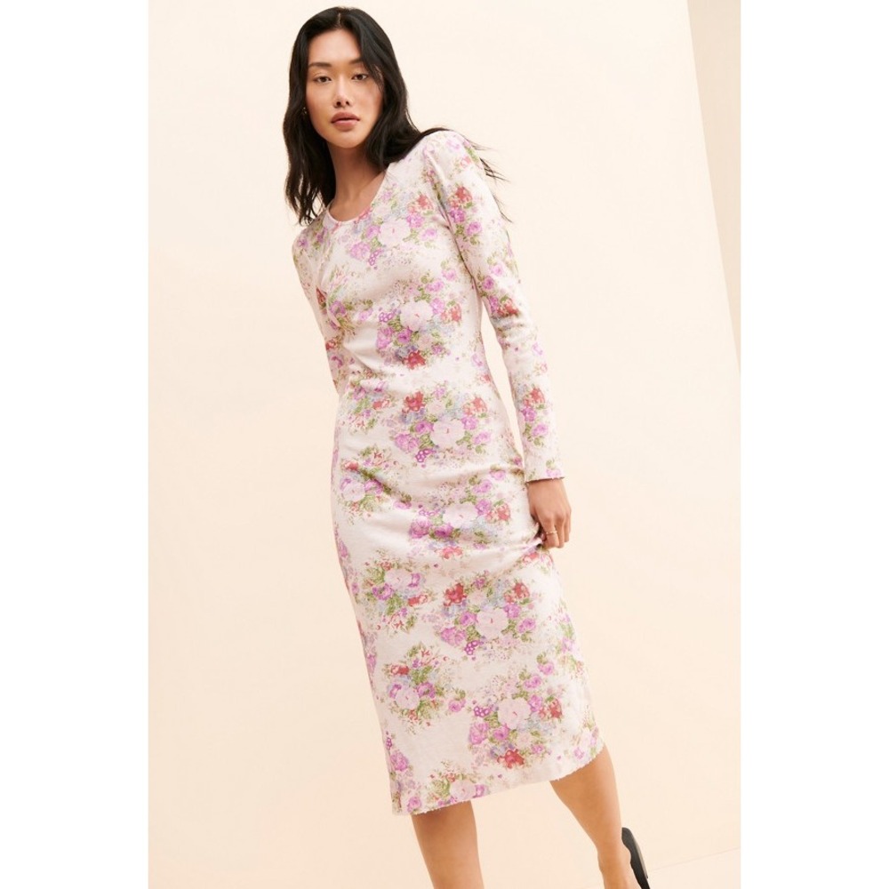 LoveShackFancy Pink Floral Ribbed Cotton Long Sleeve Midi‎ Dress Medium